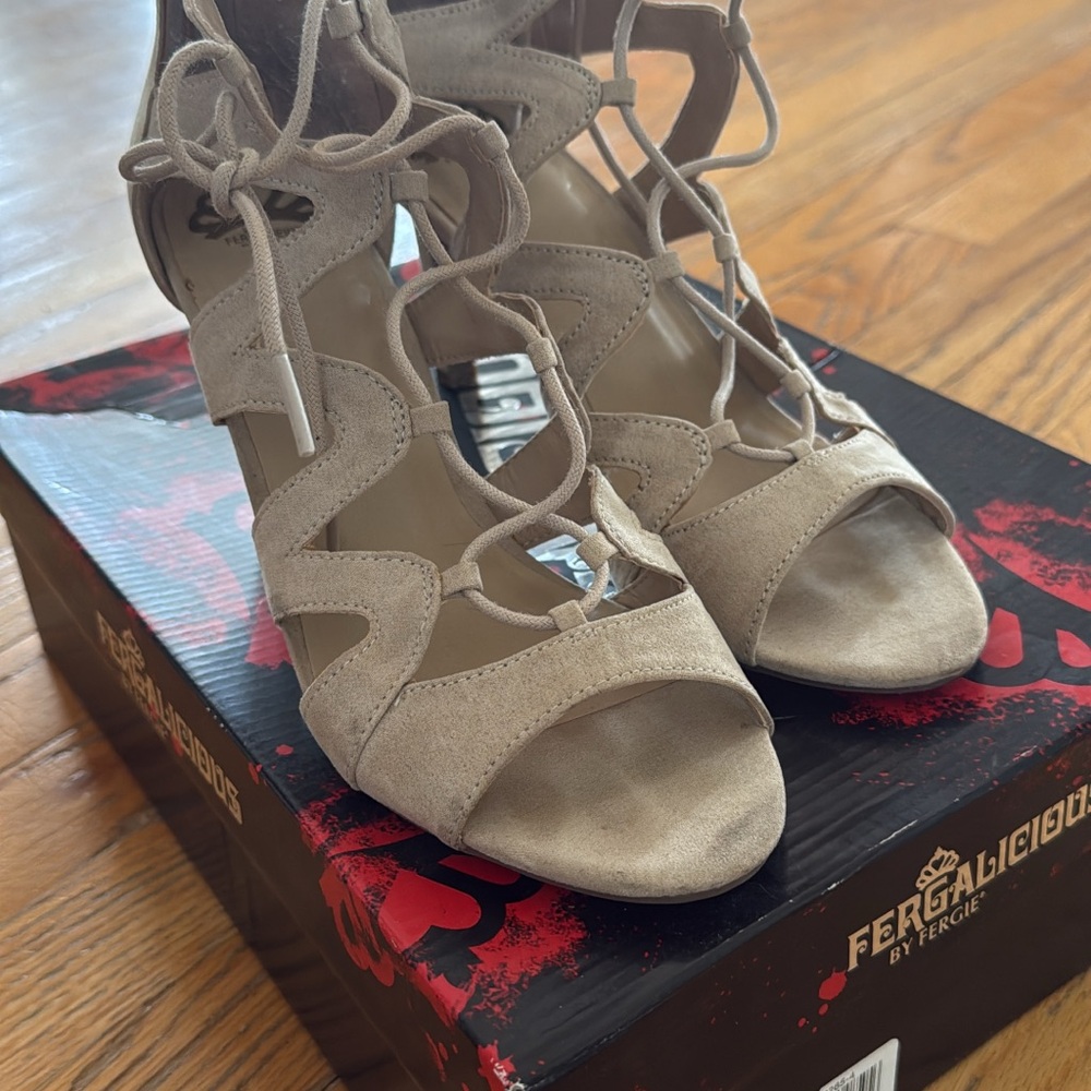 Fergalicious Tan Gladiator Sandals with Lace-Up Design